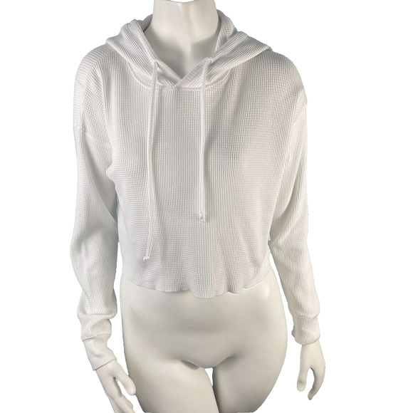 Aritzia TNA Boxy Oversized Waffle Knit Crop Thermal Top Hooded White Size XS - Picture 1 of 15